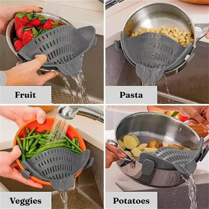 QuickStrain Clip-On Kitchen Strainer – Adjustable for Pots, Pans & Bowls