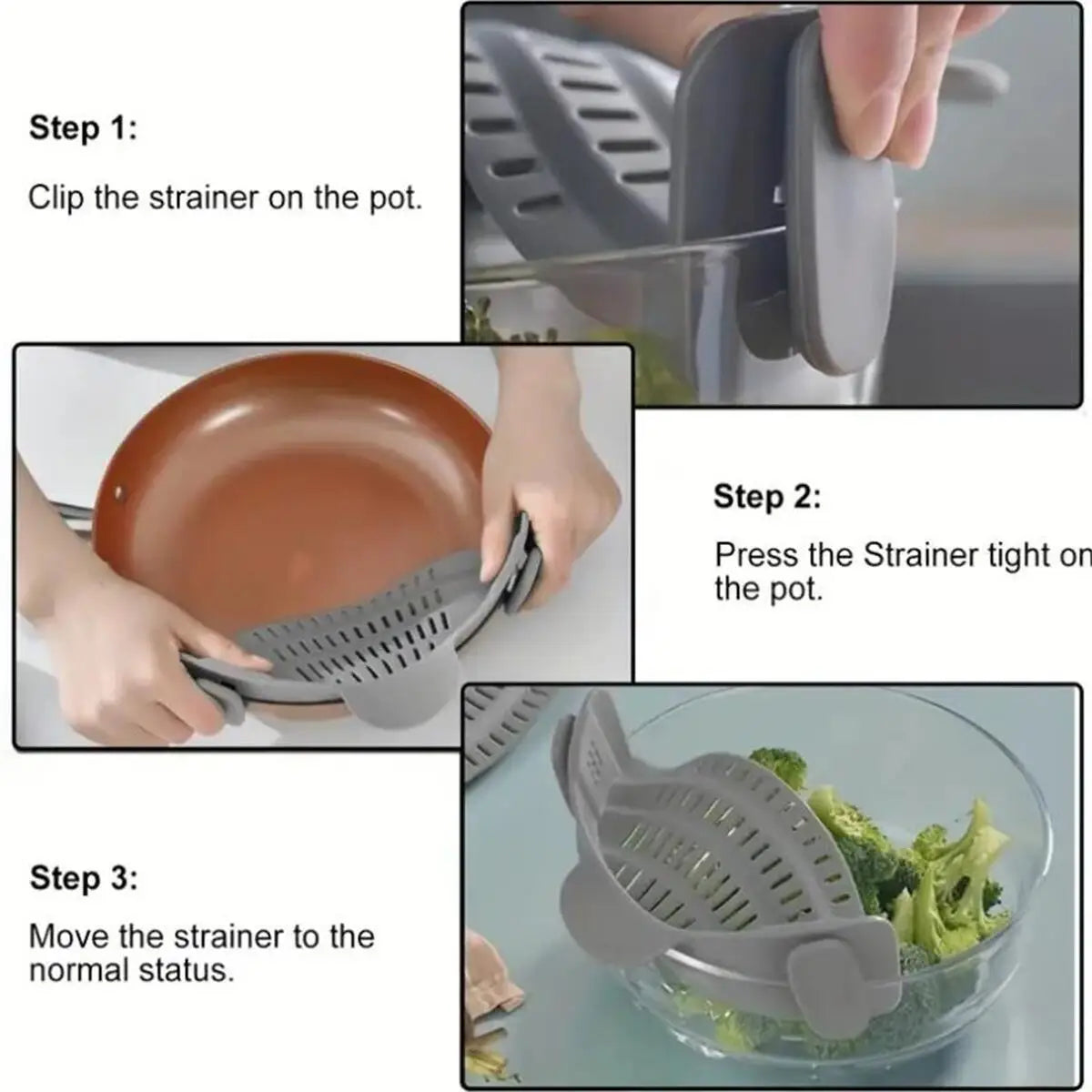 QuickStrain Clip-On Kitchen Strainer – Adjustable for Pots, Pans & Bowls